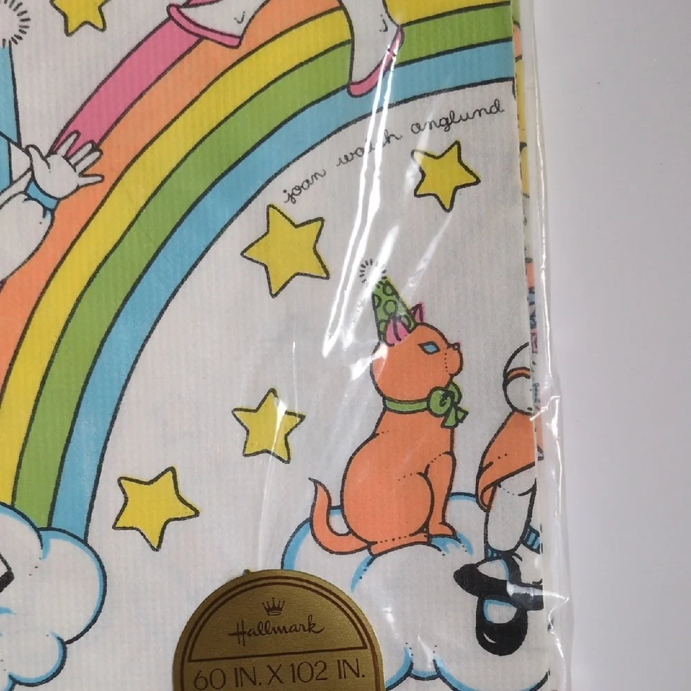 Vintage 80s Hallmark Rainbow Cat Birthday Party‎ Tablecloth Joan Walsh Angulnd